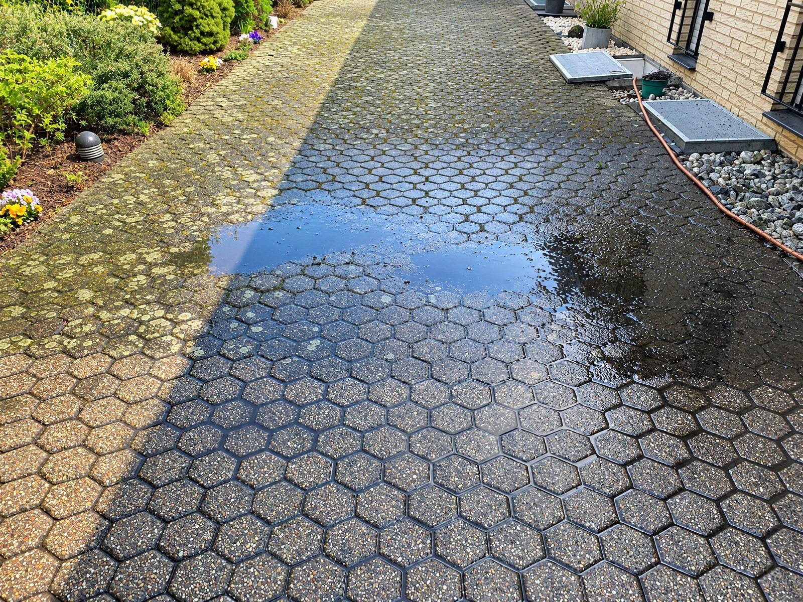 Wabenpflaster auf einem Gartenweg: hinten mit Flechten, vorne gereinigt