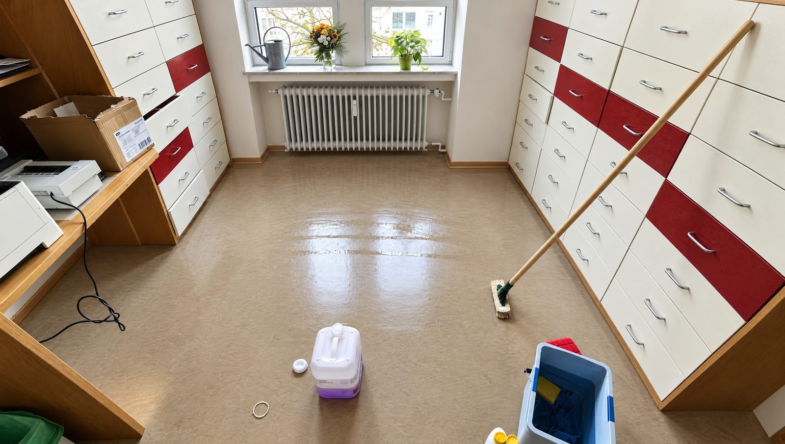 Büroreinigung: frisch gereinigter, glänzender Boden in einem Büroraum