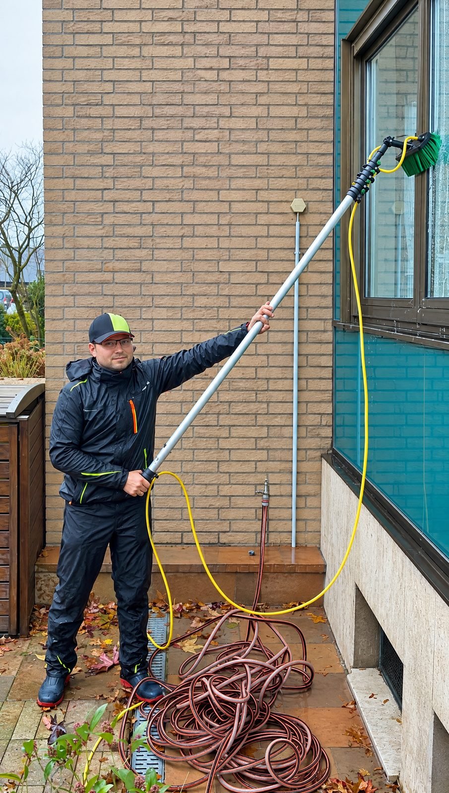 Fensterreinigung: Mitarbeiter reinigt Fenster an einer Hausfassade mit Teleskopstange