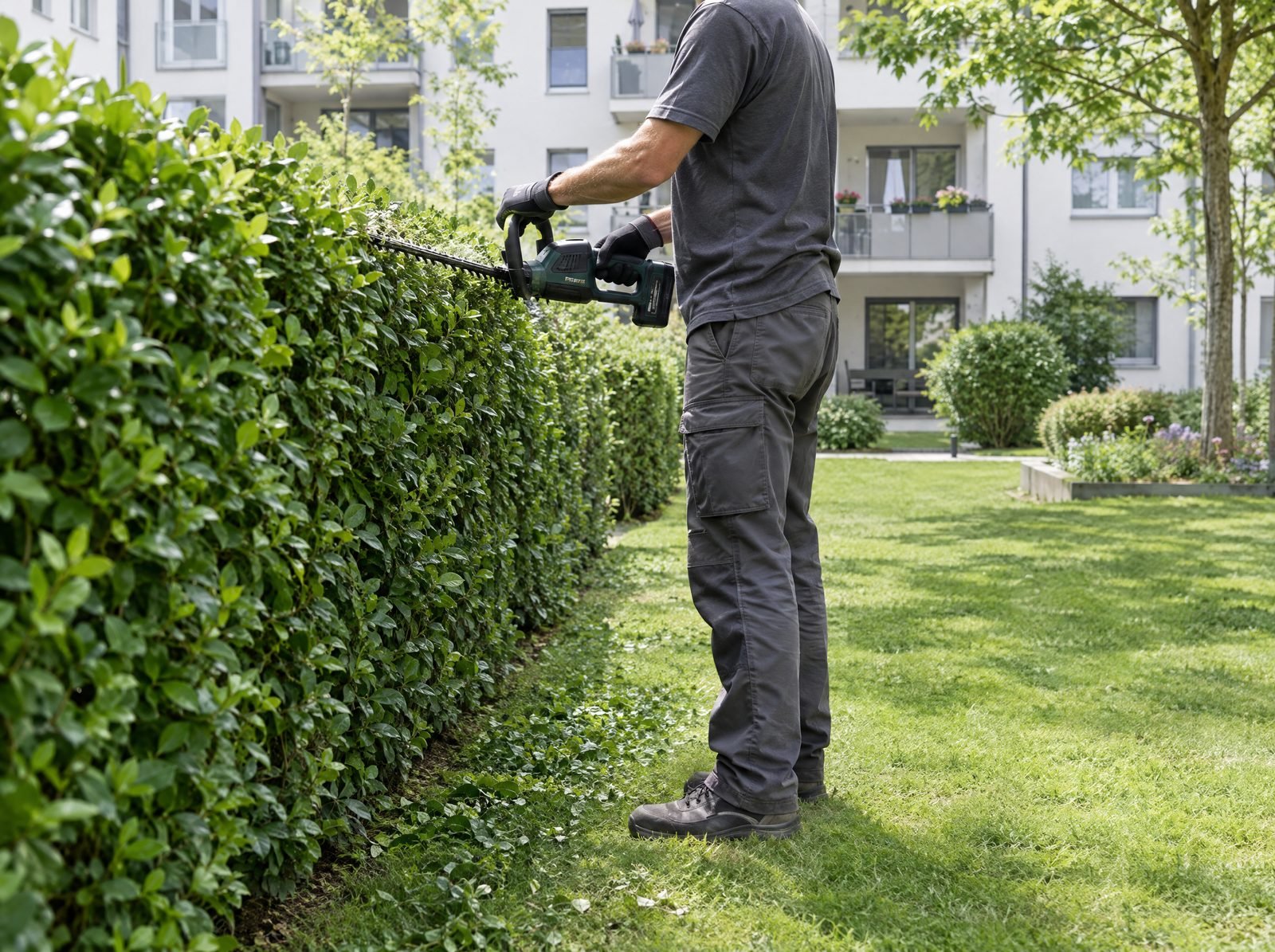Mitarbeiter schneidet eine Hecke vor einem Mehrfamilienhaus mit der Heckenschere (Symbolbild)