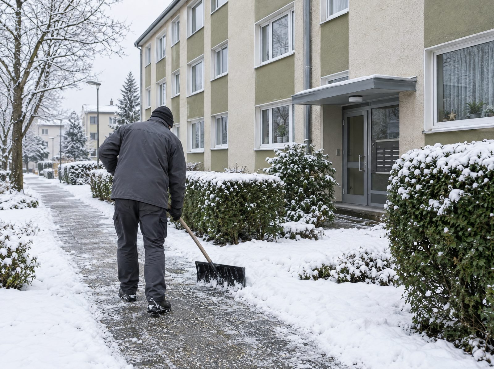 Mitarbeiter räumt Schnee vom Gehweg vor einem Mehrfamilienhaus (Symbolbild)